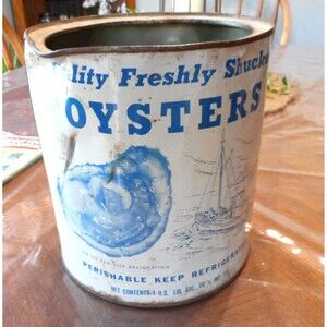 Vintage Oyster Can, Texas; Harper Seafood; 1 Gallon; white, blue letters
